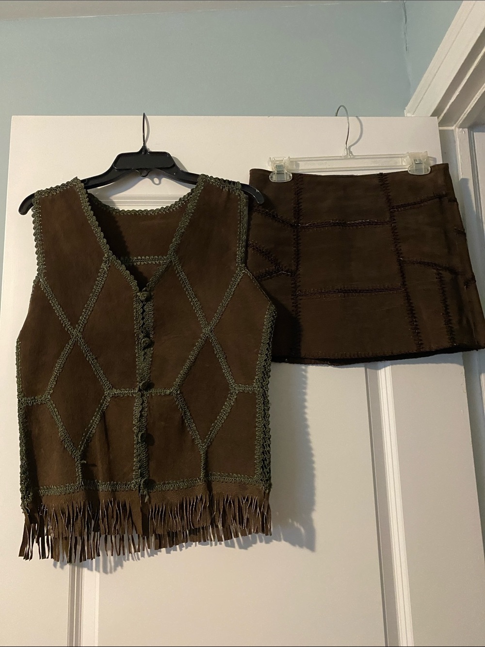 VINTAGE Passport Dark Brown Suede Fringe Vest and Mini Skirt Set